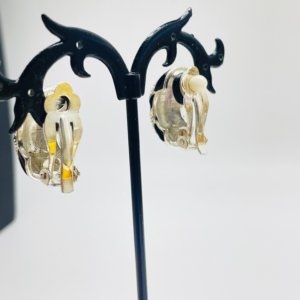 Vintage Rhinestone Clip On Earrings Black Enamel Silver Tone Statement Retro - Picture 7 of 11